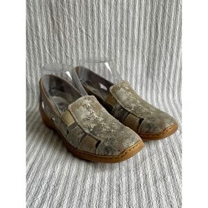 Rieker Antistress Womens 39 Metallic Snakeskin Cutout Leather Loafers Low Wedge